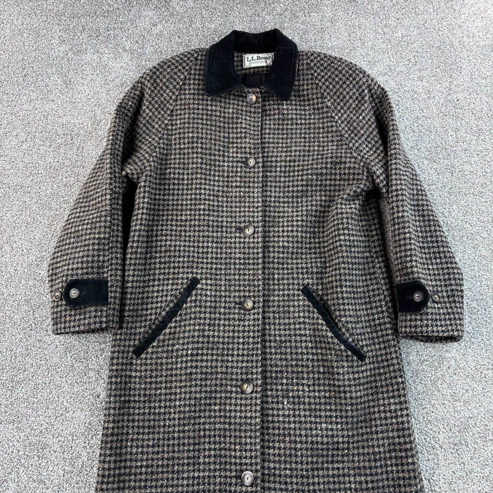 Vintage L.L. Bean Overcoat Women's Small Brown Wool Tweed Houndstooth Long Coat